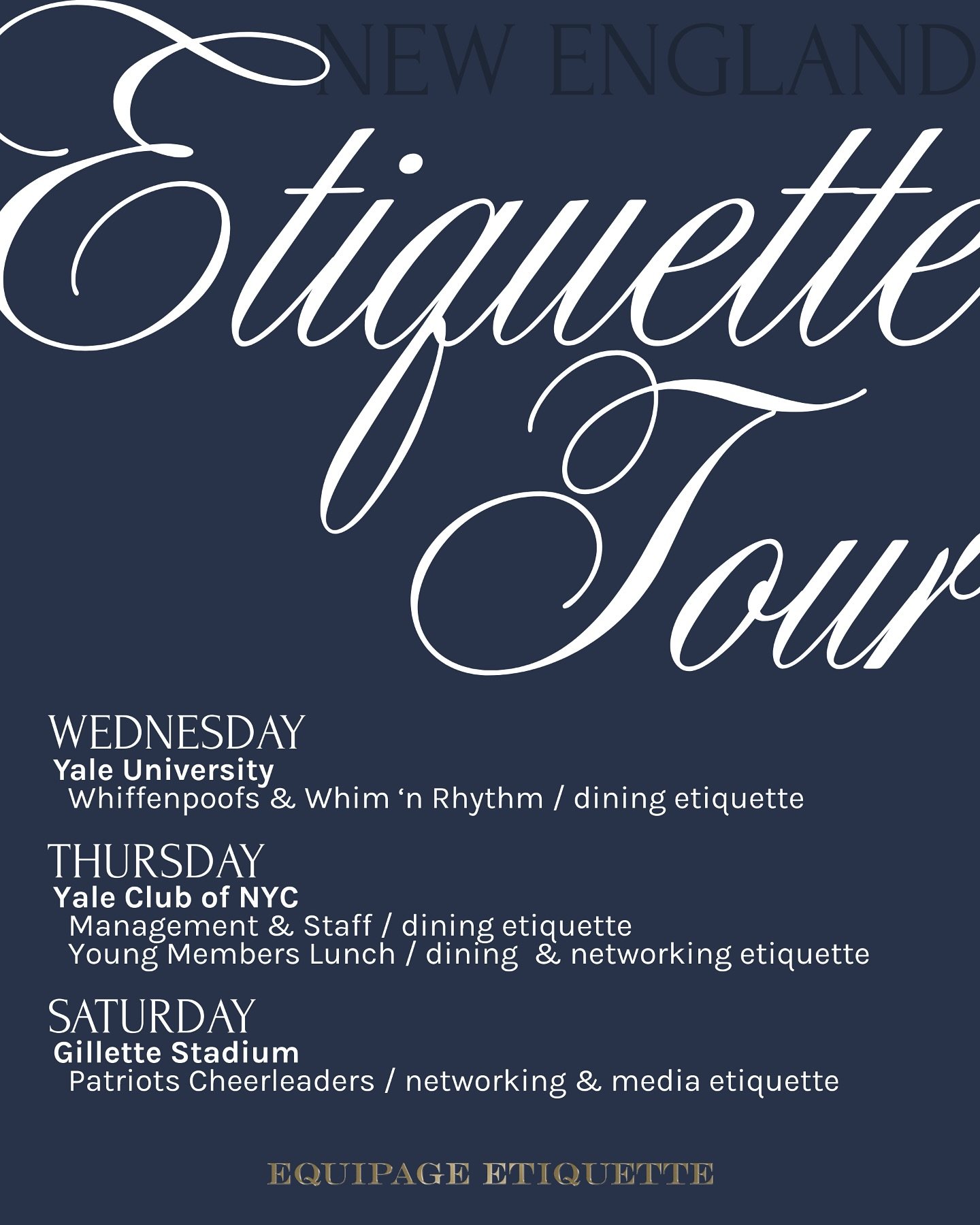 From the Yale Club and Whiffenpoofs to the Patriots Cheerleaders, our New England etiquette tour is empowering groups to master dining, networking, media presence, and more&mdash;elevating confidence in every setting.
Want to bring this experience to