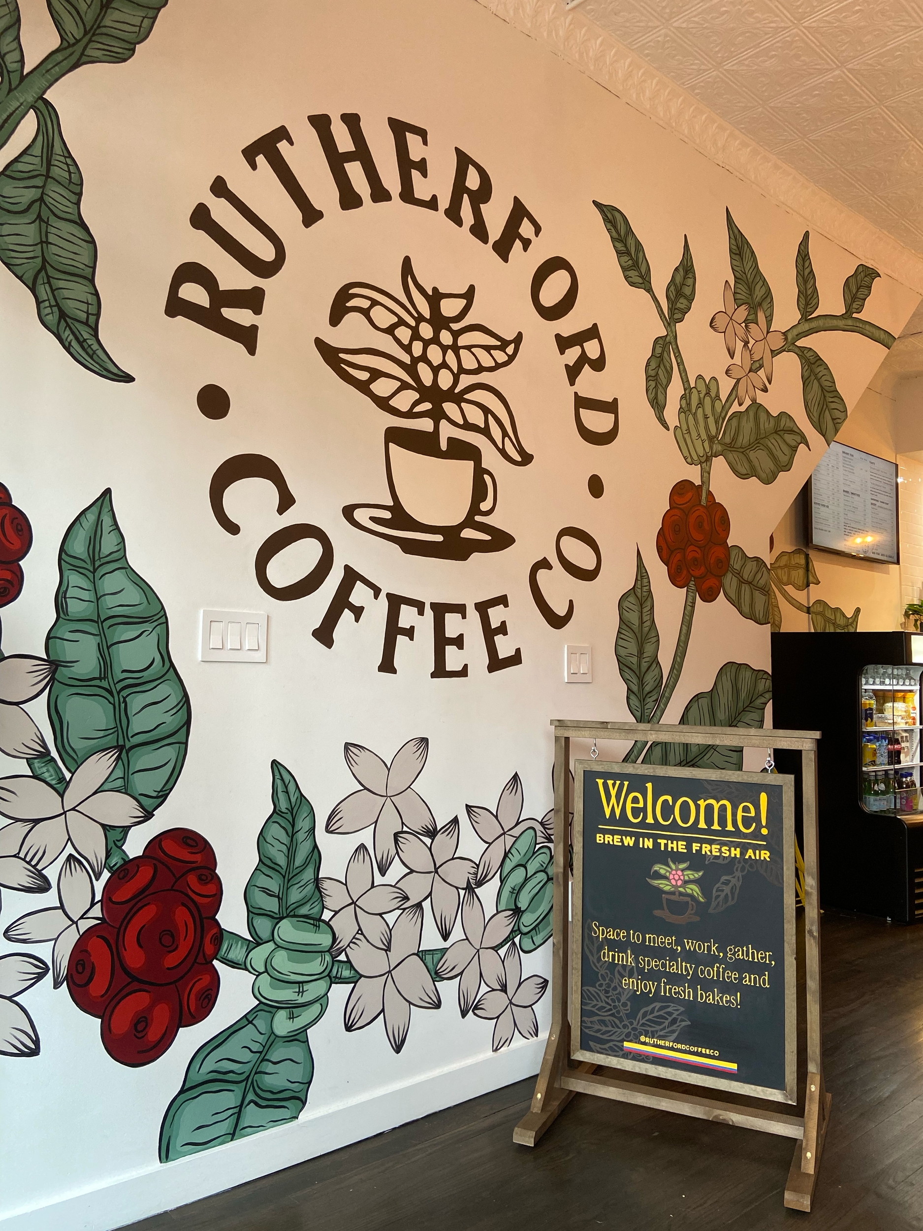 Rutherford Coffee Co. Rutherford, NJ
10’x17’ wall and 40"x28" enamel sign for Rutherford Coffee Co. 
Further Art Designs collaboration with Michelle Krasowski Murals
