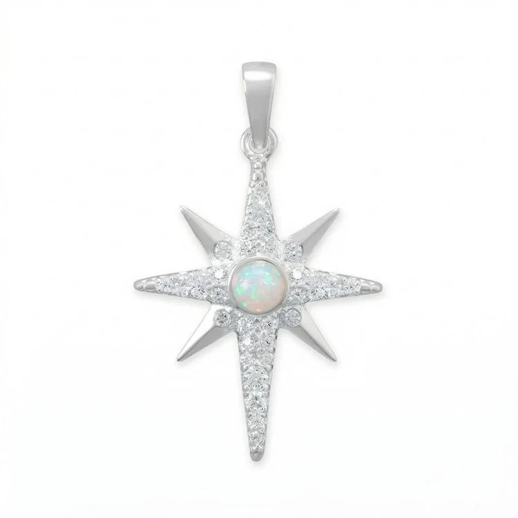 Opal and CZ Silver Northern Star Pendant