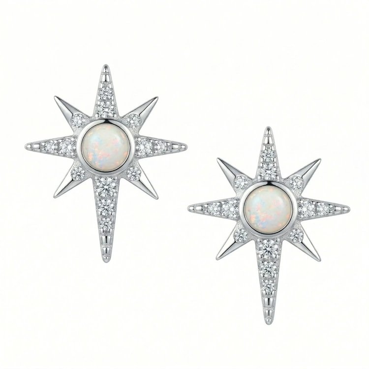 Opal and CZ Silver Star Stud Earrings