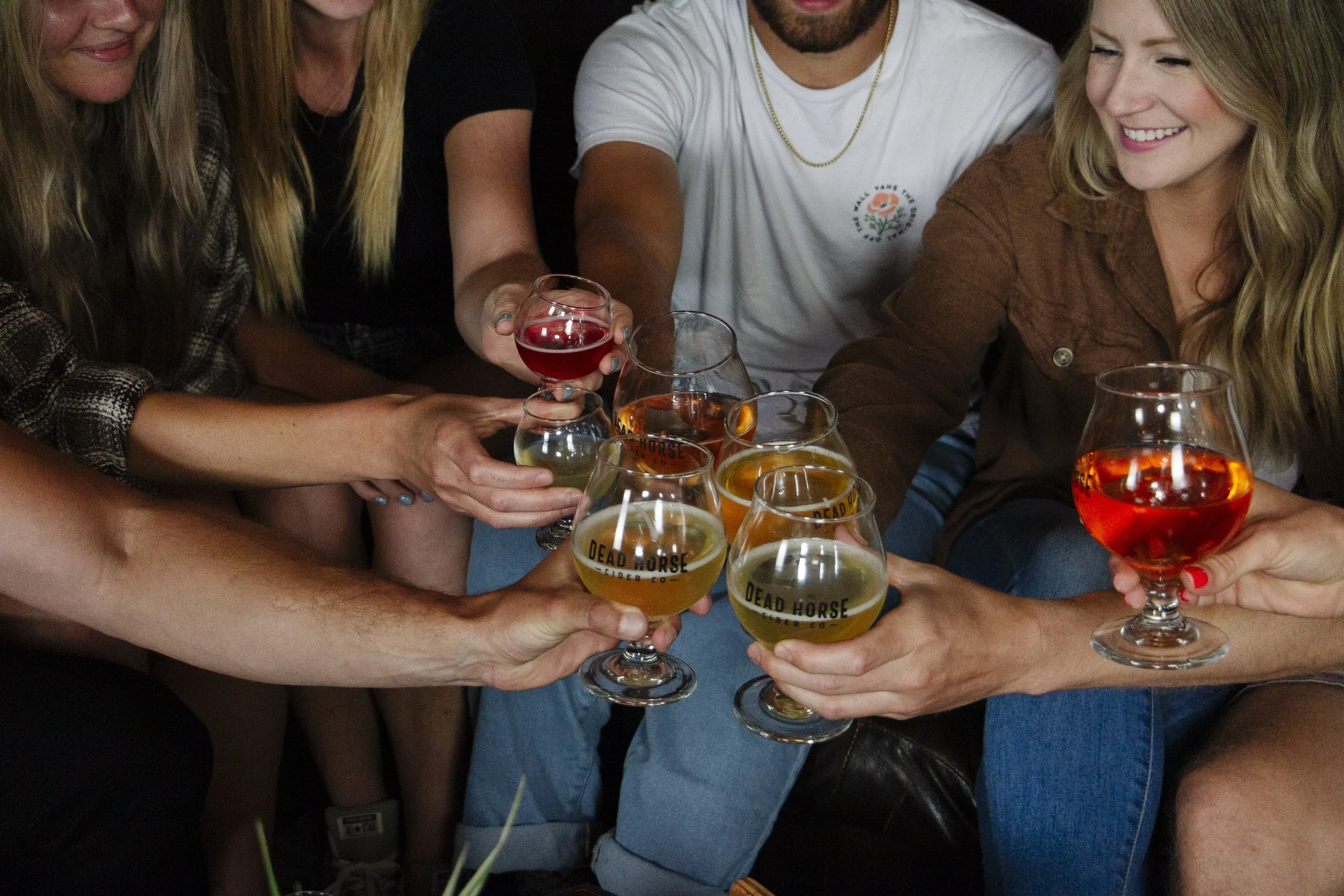 Group of friends clinking glasses of drinks, some with colorful beverages, in a toast at a social gathering.