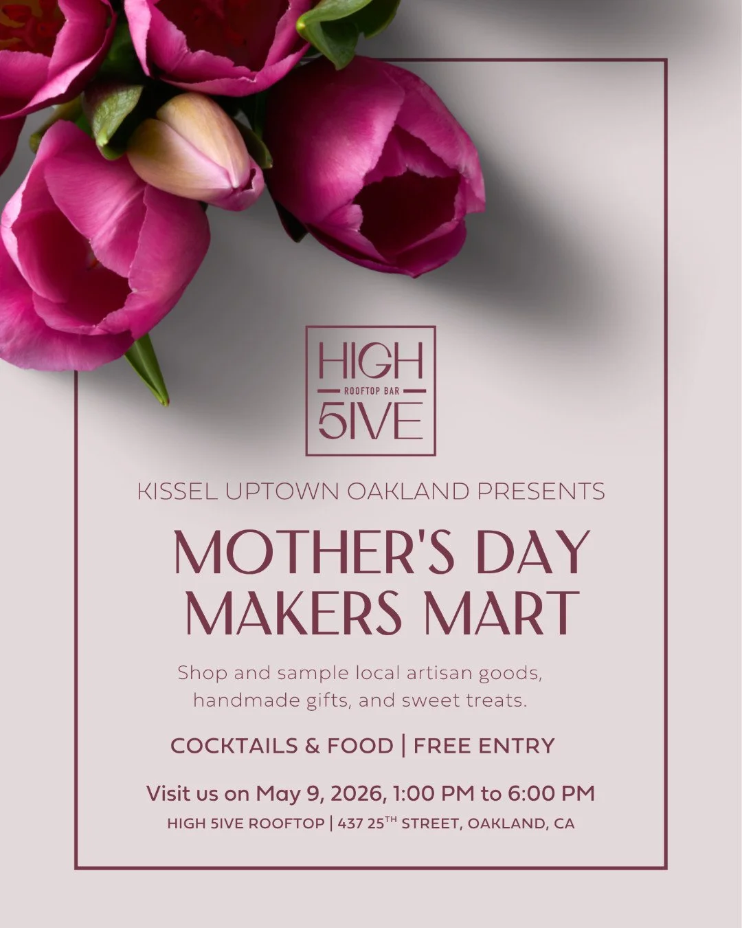 Celebrate Mom at the Mother&rsquo;s Day Makers Market at High 5ive at @kisseluptownoakland. Shop a curated lineup of local makers&mdash;perfect for meaningful gifts and little indulgences. 💐

#kisseluptownoakland #visitoakland

#High5ive #RooftopBar