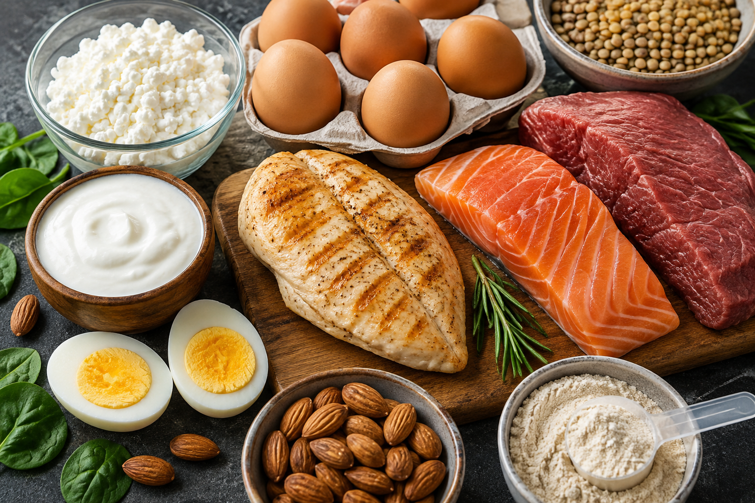 A variety of protein-rich foods including chicken, salmon, lean beef, eggs, yogurt and cottage cheese. Getting enough protein can help you stay fuller and maintain muscle while losing body fat.