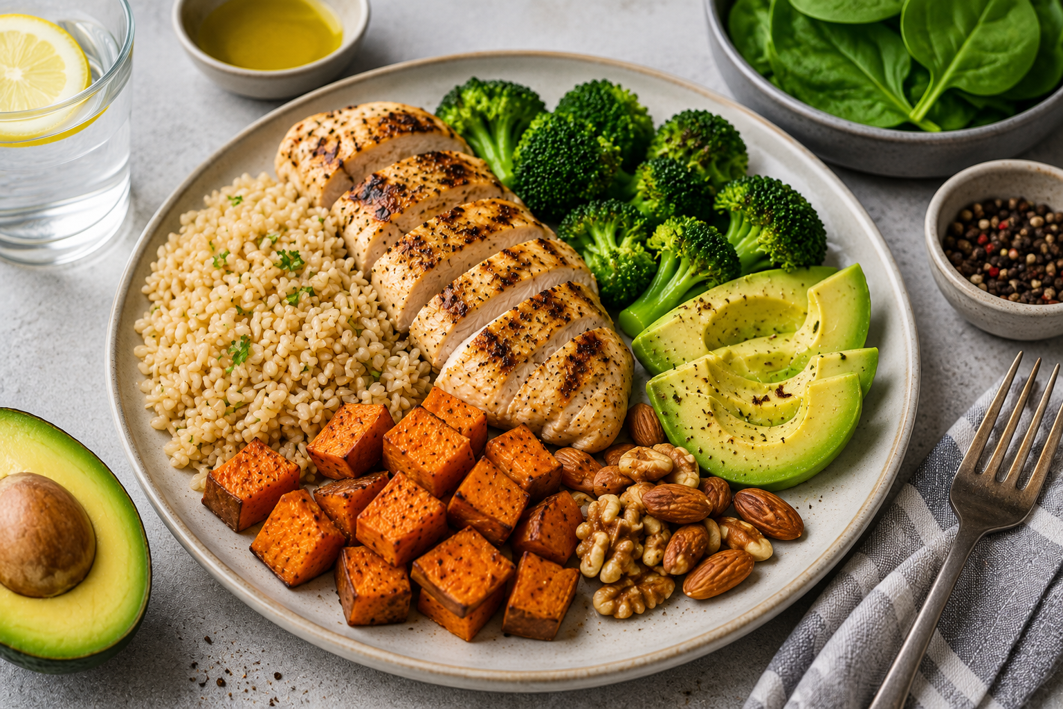 A balanced meal with protein, carbohydrates and healthy fats—showing how all three macros can work together in a sustainable weight-loss plan.