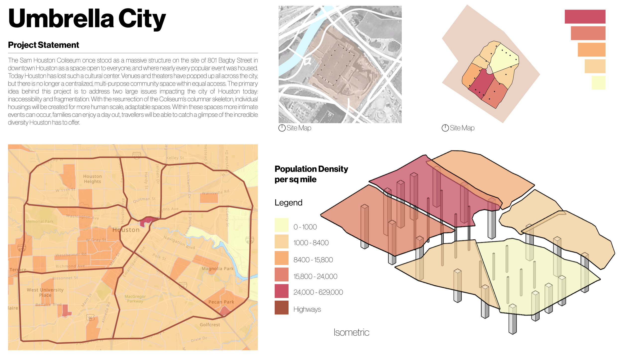 Umbrella City stands as a response to the
loss of a cultural center for the city of
Houston, a community space of equal
access, a multi-use environment, where
people are not rushed around or charged
money for wanting to exist and participate
in the s