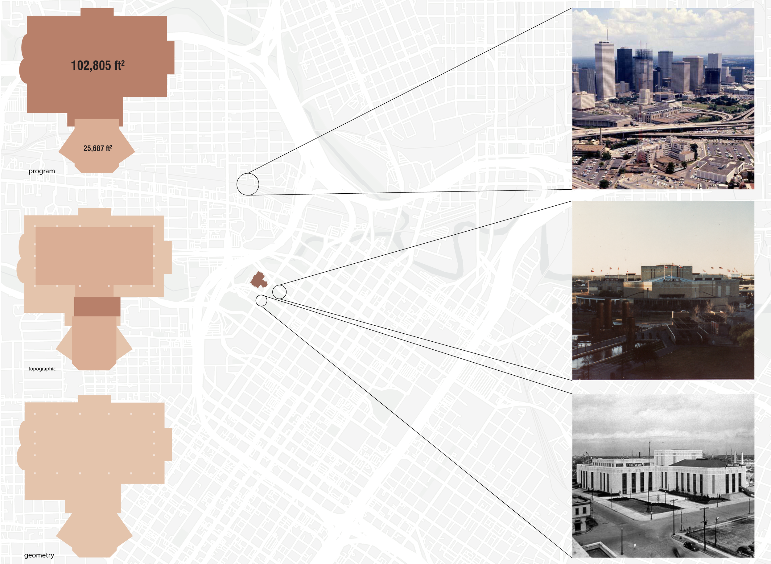 Context for the Coliseum's location on a map of downtown, with different views of the building.