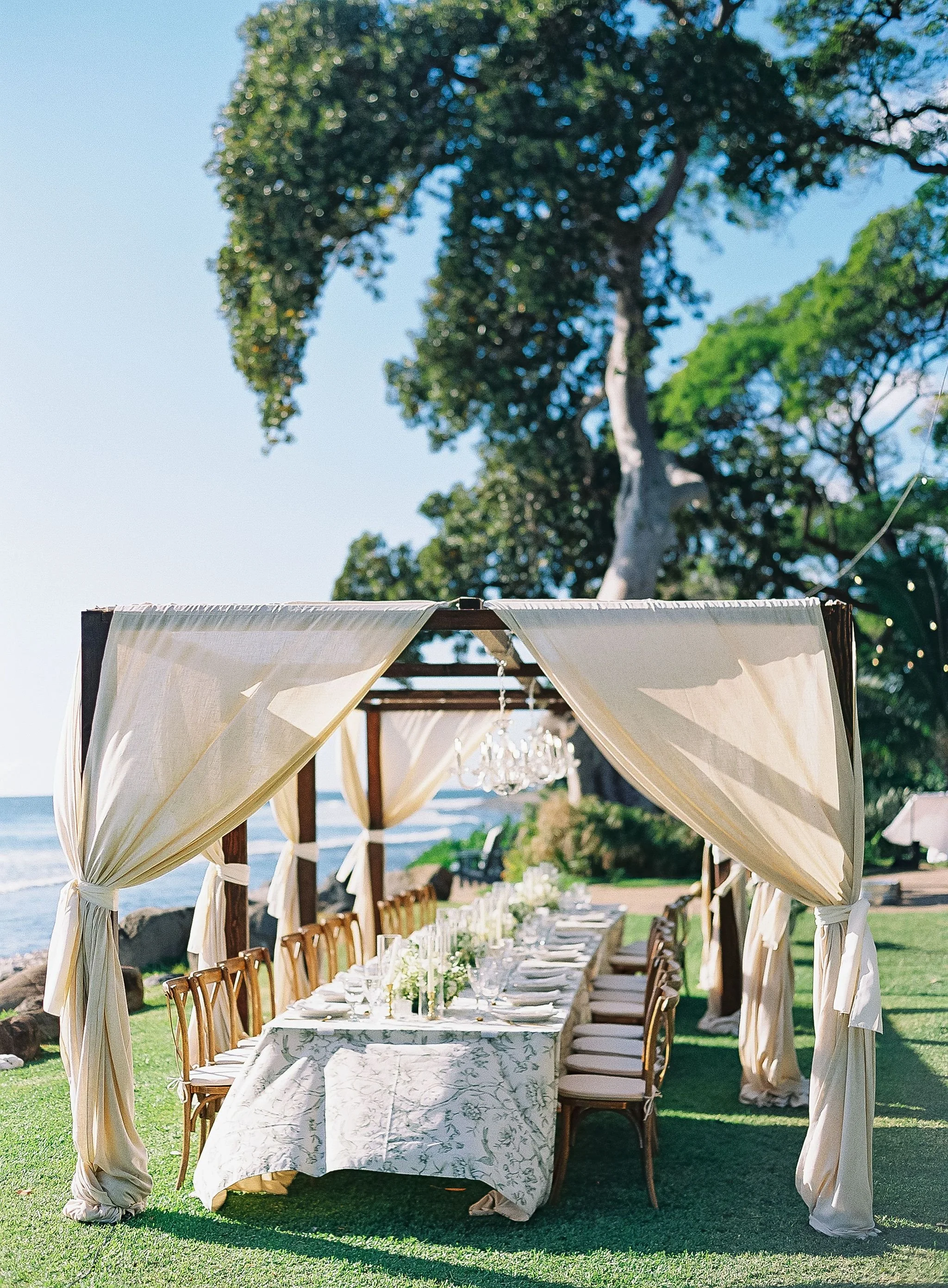 A beachside wedding reception on the grass, featuring a canopied dinner table with a chandelier and lush tablescape florals.