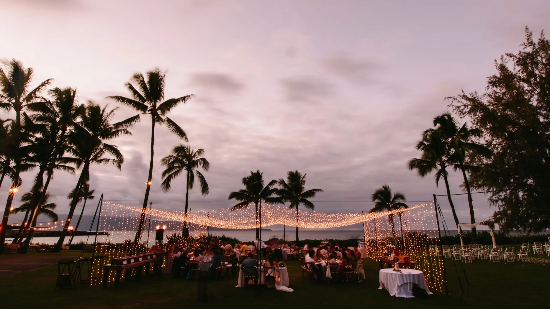 An outdoor evening wedding reception beneath a fairy-light canopy and towering palm trees.