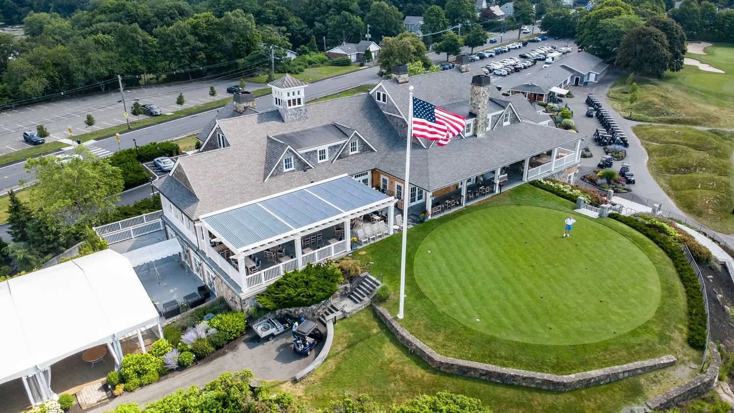 An overhead view of a custom pergola installation at a golf country club in Marblehead, MA