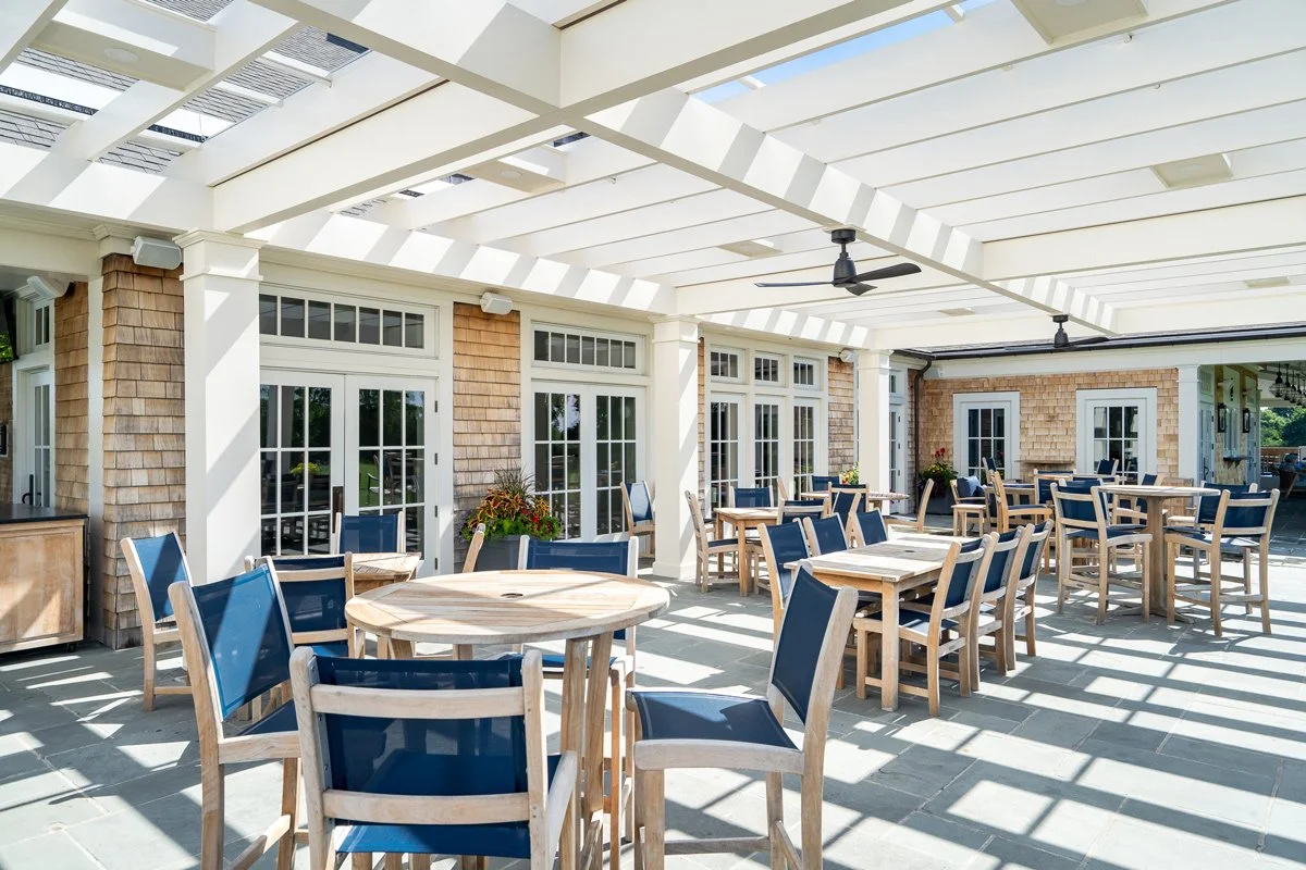 Golf club outdoor amenity construction at Tedesco Country Club in Marblehead, Massachusetts. Beautiful outdoor seating and an optional covering.