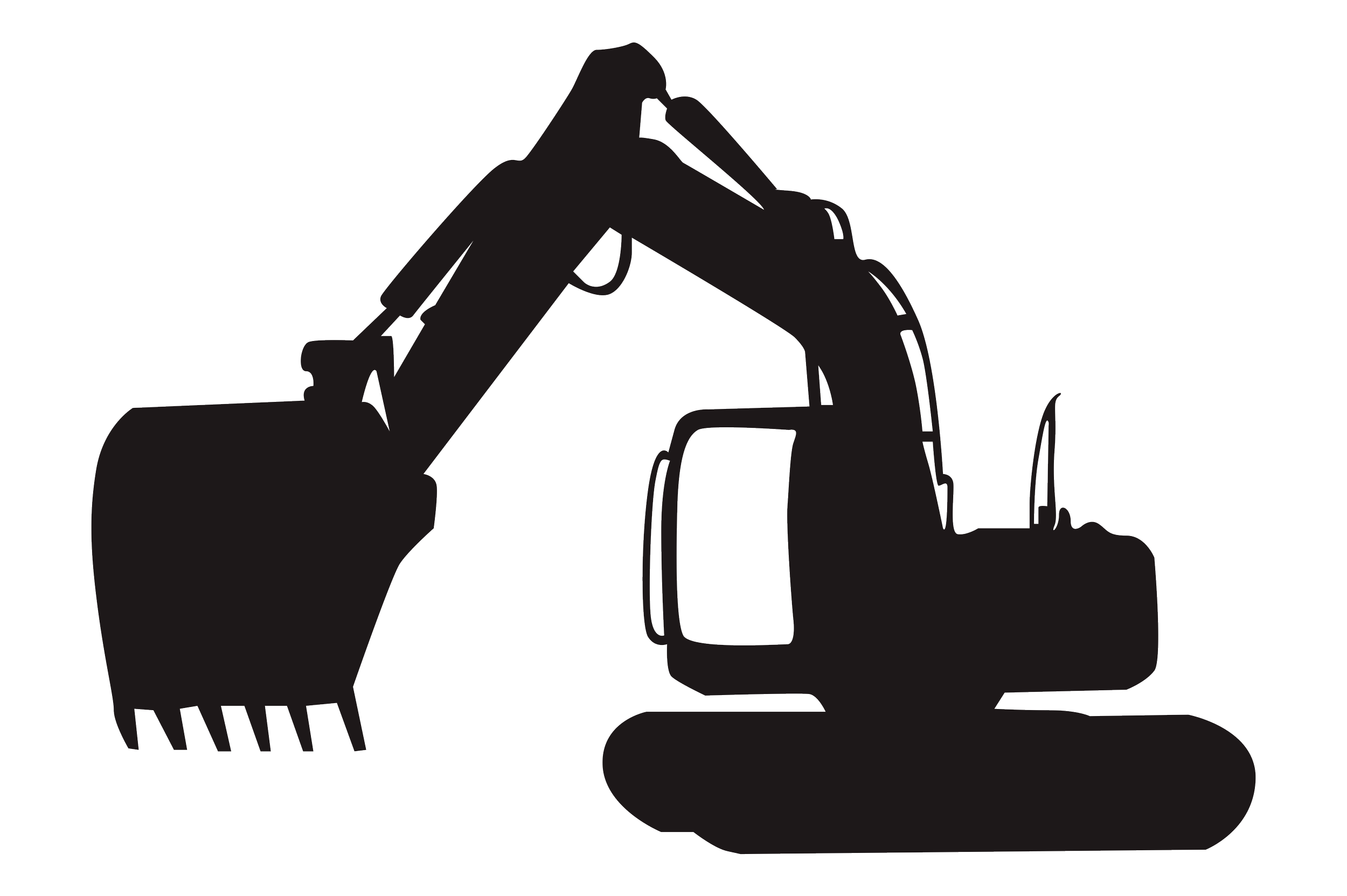Silhouette of a person operating a backhoe loader, with the person sitting in the driver's seat and holding the steering wheel, with the large bucket attachment in front of them.