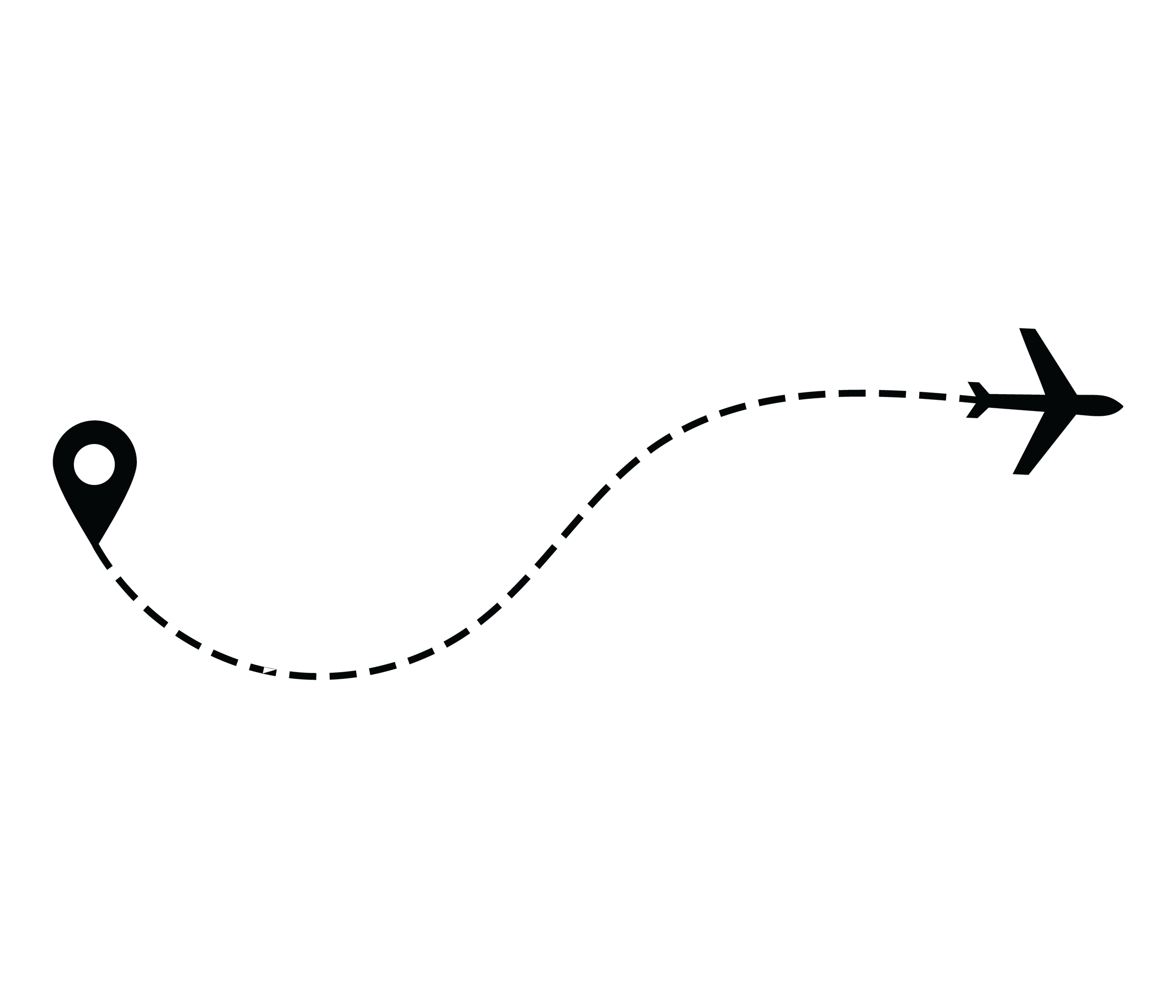 Black silhouette of an airplane flying on a dotted flight path around the Earth