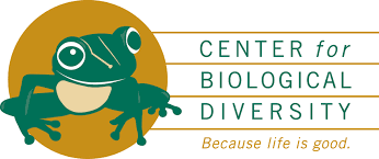 Logo for Center for Biological Diversity featuring a green frog and the text 'Center for Biological Diversity' with the tagline 'Because life is good.'