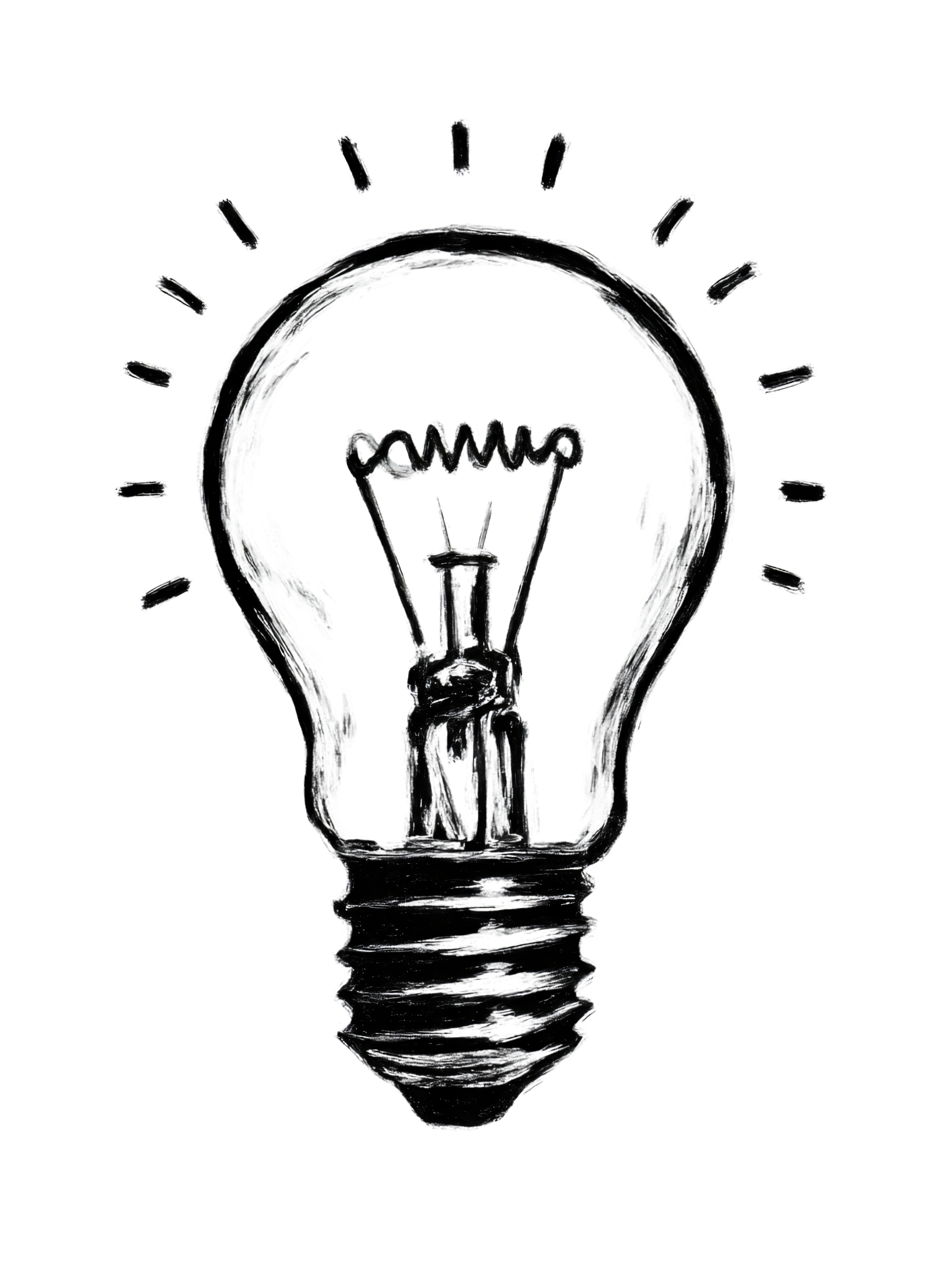 A black and white drawing of a light bulb shaped like a human head with a small plant sprouting inside, symbolizing ideas and growth.