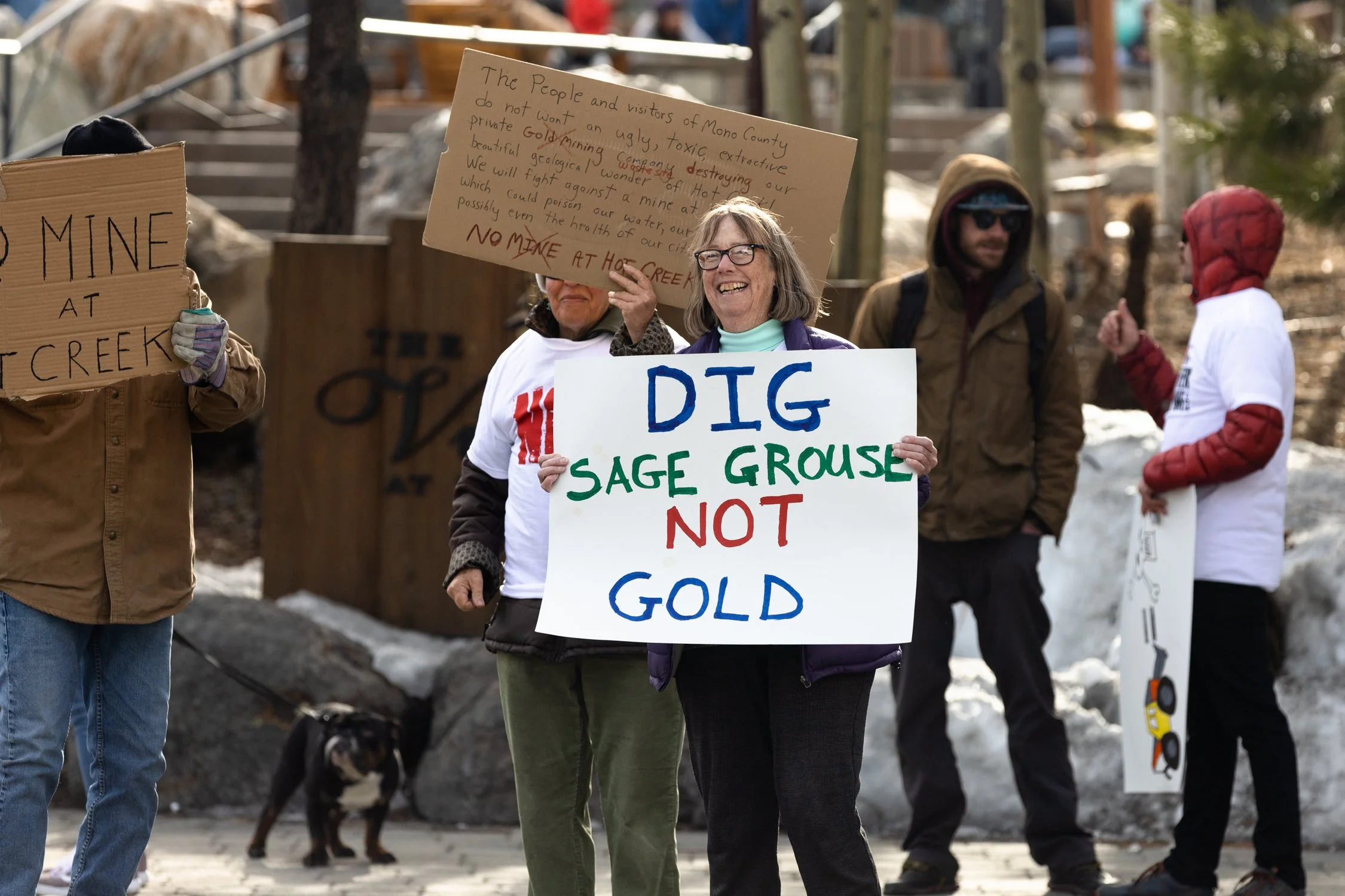 Group of protesters holding signs, including one person smiling and holding a white sign with blue and green text that reads 'DIG SAGE GOOSE NOT GOLD', and another person partly visible holding a cardboard sign with handwritten text about opposition to gold mining and environmental concerns.