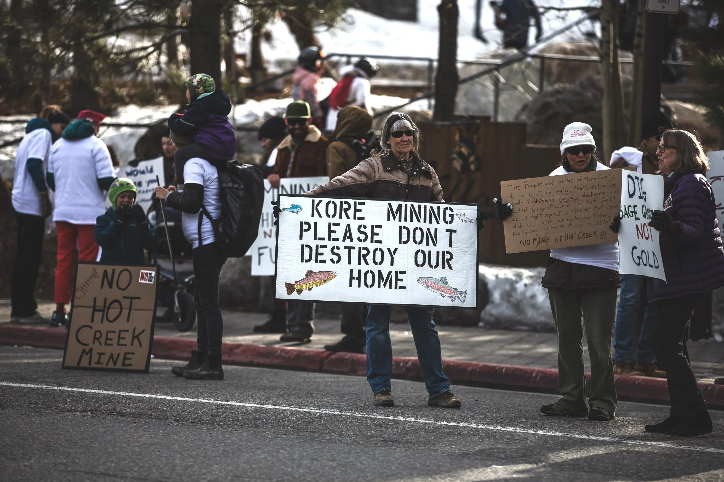 A group of protesters holding signs oppose coal mining and hot creek activity on a street with trees and snow in the background.