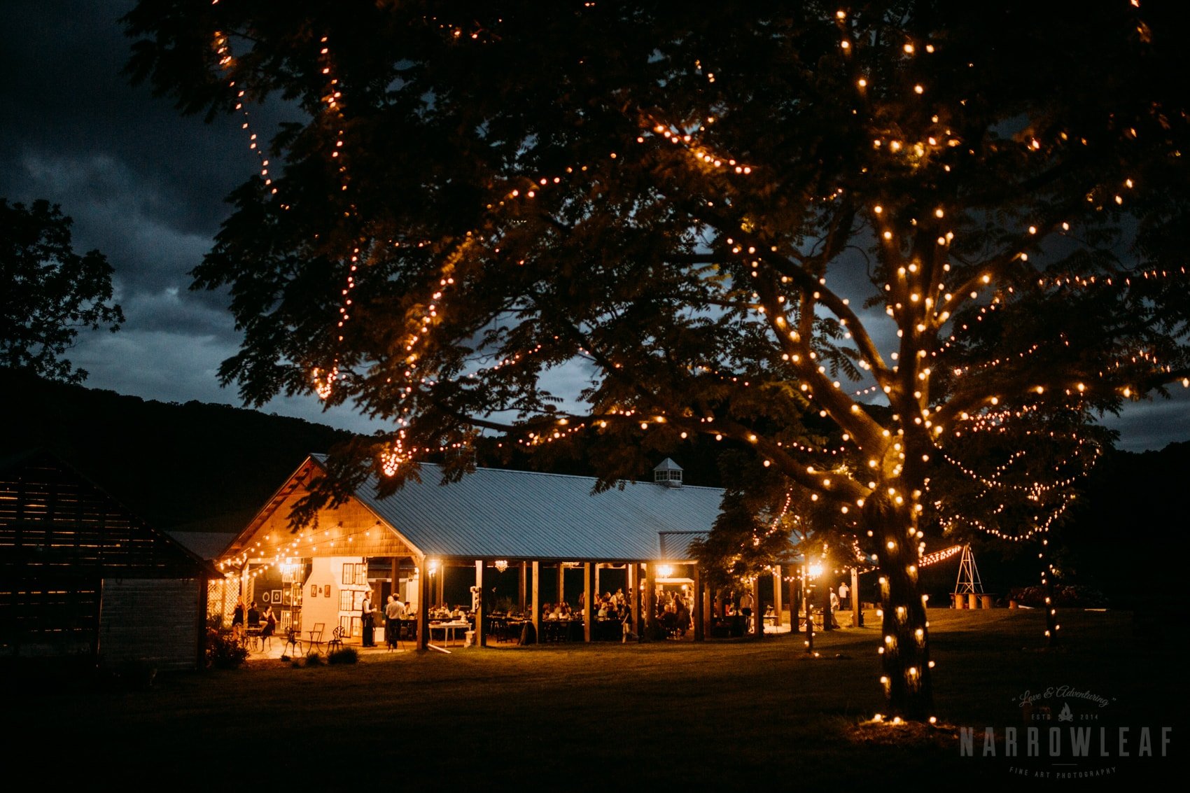 The Hidden Meadow and Barn Wedding venue and reception at night. 