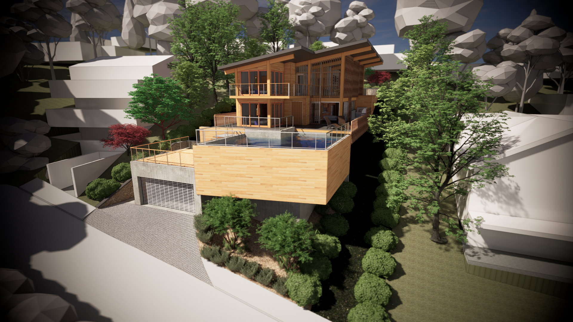 A modern two-story house with wooden exterior, large glass windows, and multiple balconies, situated on a hillside surrounded by trees and landscaping, with a pool and a concrete garage area.