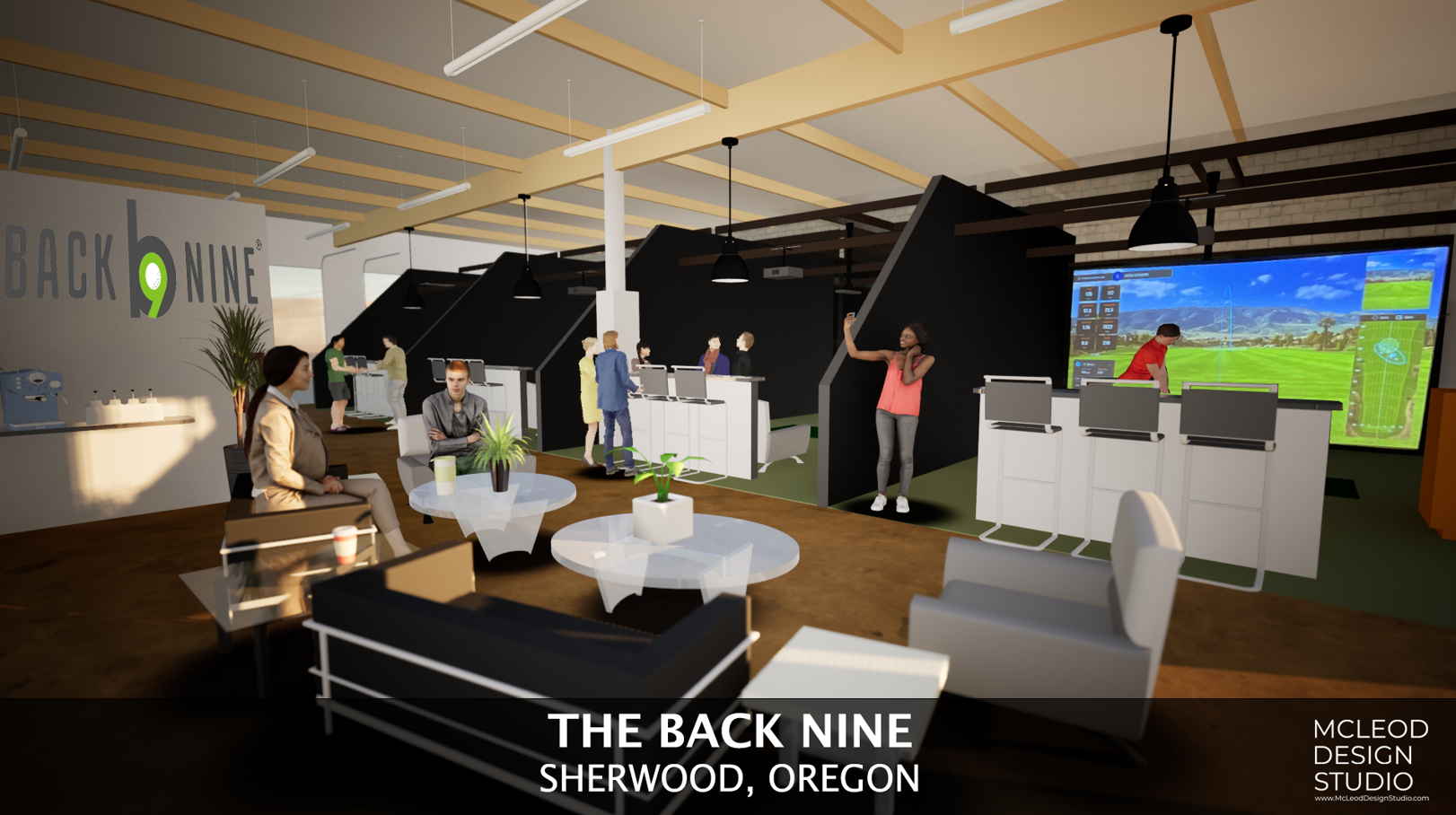 Interior view of a modern, open-plan workspace at The Back Nine, Sherwood, Oregon, with people working on computers and a large golf simulation screen, featuring seating, tables with plants, and a reception area.