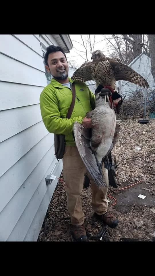 A man holding two large birds, a falcon on his arm and a bird of prey on his hand, outdoors near a house with a yard and leafless trees.