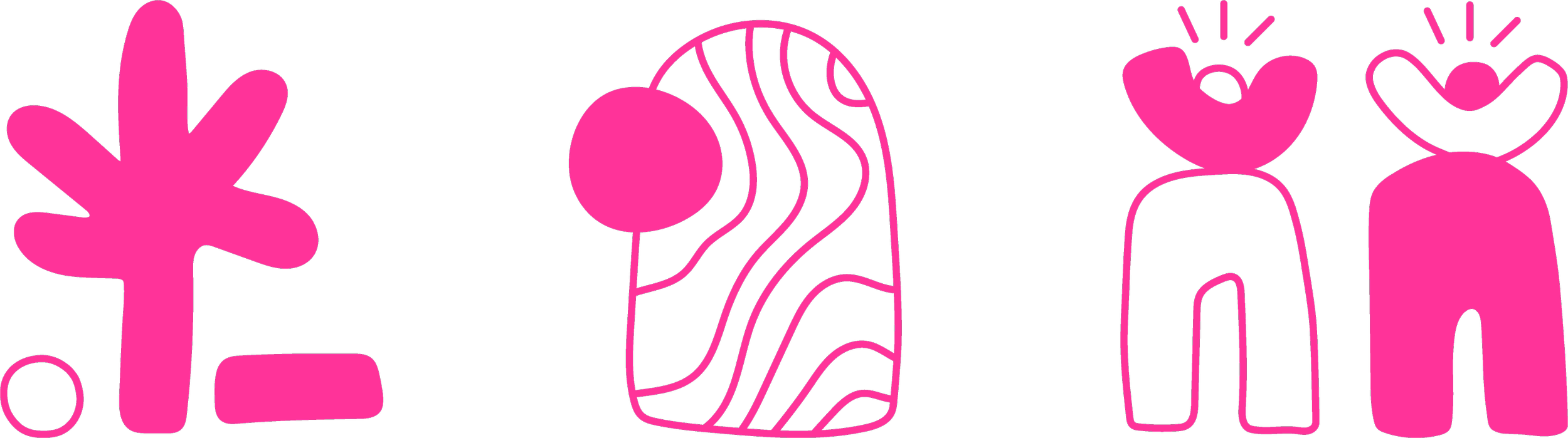 Pink abstract line art drawing featuring a hand, a head with music headphones, two bun-headed figures, and a large creature.