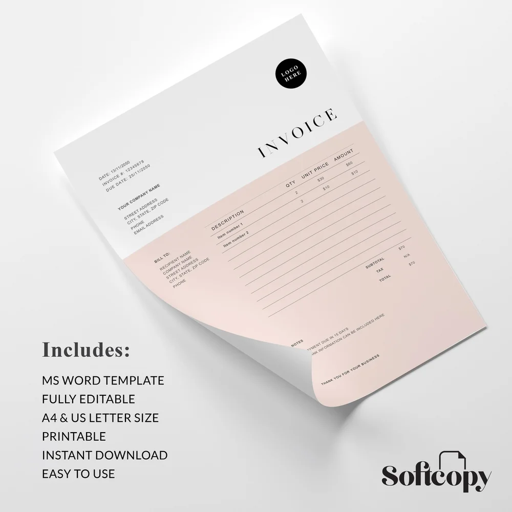 invoice template for microsoft word with pink elegant design a4 and us letter size softcopy