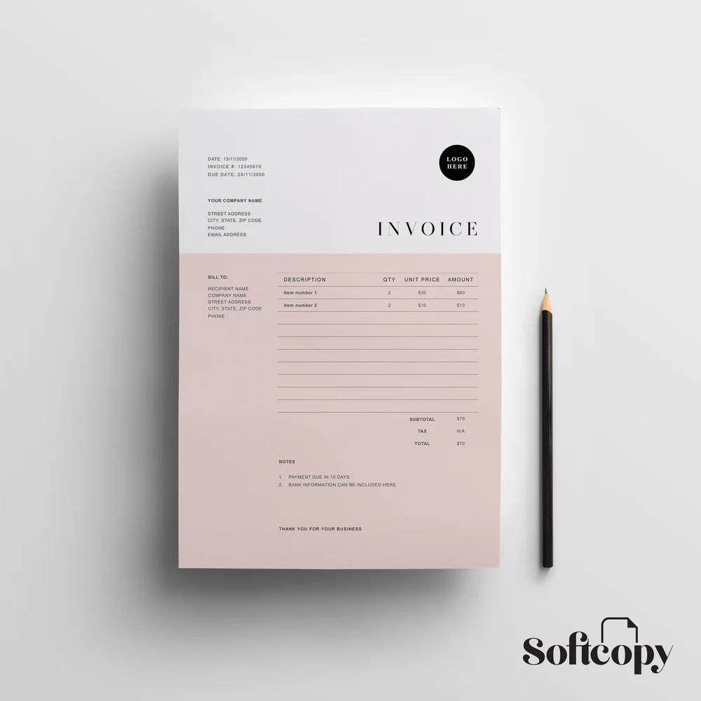invoice template for microsoft word with pink elegant design a4 and us letter size softcopy