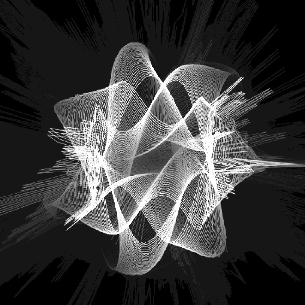 Abstract digital art with white wireframe waves on black background