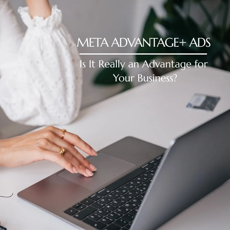 A person using a laptop at a desk with a credit card nearby. Overlay text reads 'Meta Advantage+ Ads: Is It Really an Advantage for Your Business?'.