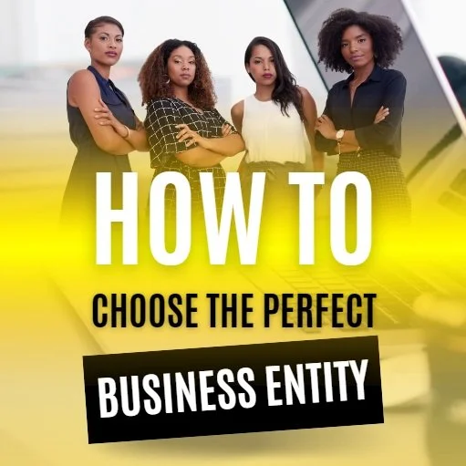 Four women standing confidently with arms crossed, promoting a guide on how to choose the perfect business entity.