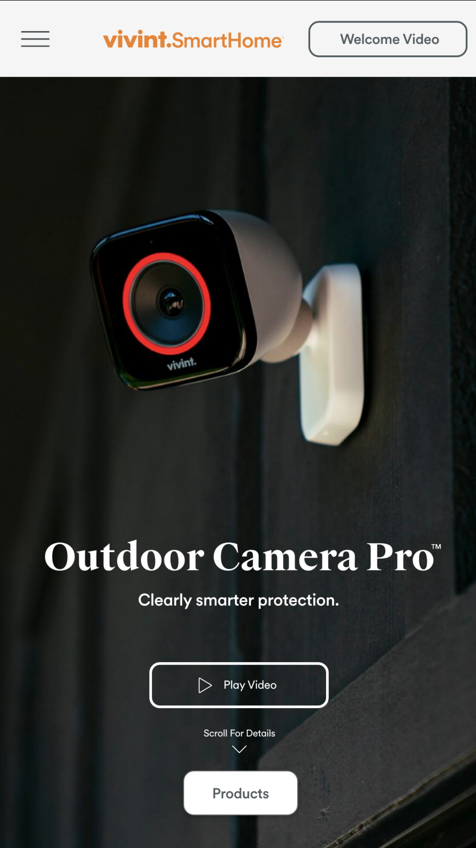 A smart outdoor security camera mounted on a wall with a red ring around its lens, part of the Vivint Smart Home product line, labeled as Outdoor Camera Pro.