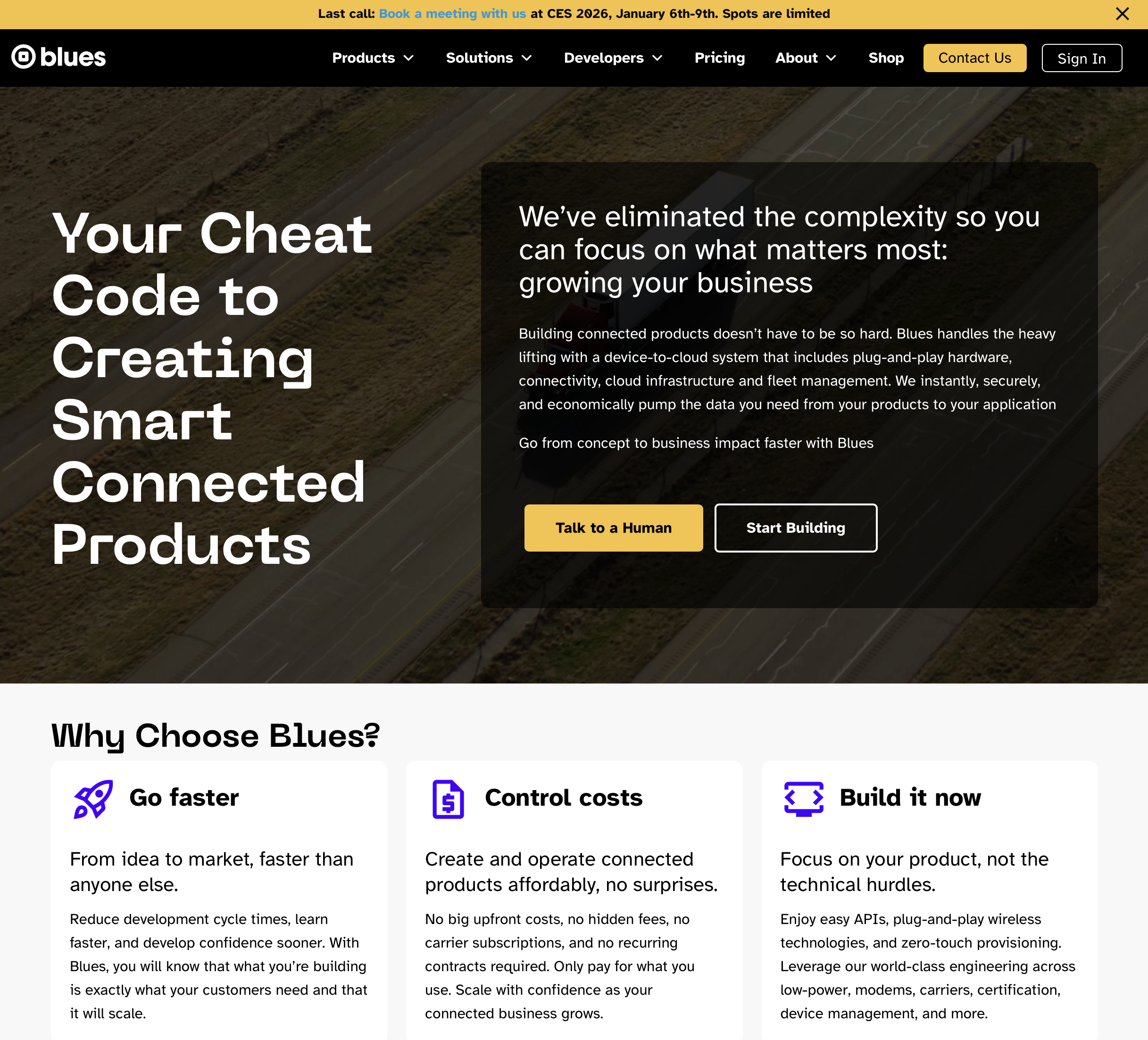 Screenshot of Blues technology company's homepage highlighting their focus on smart connected products, with options to talk to a human or start building, and sections explaining benefits like faster development, cost control, and ease of building.