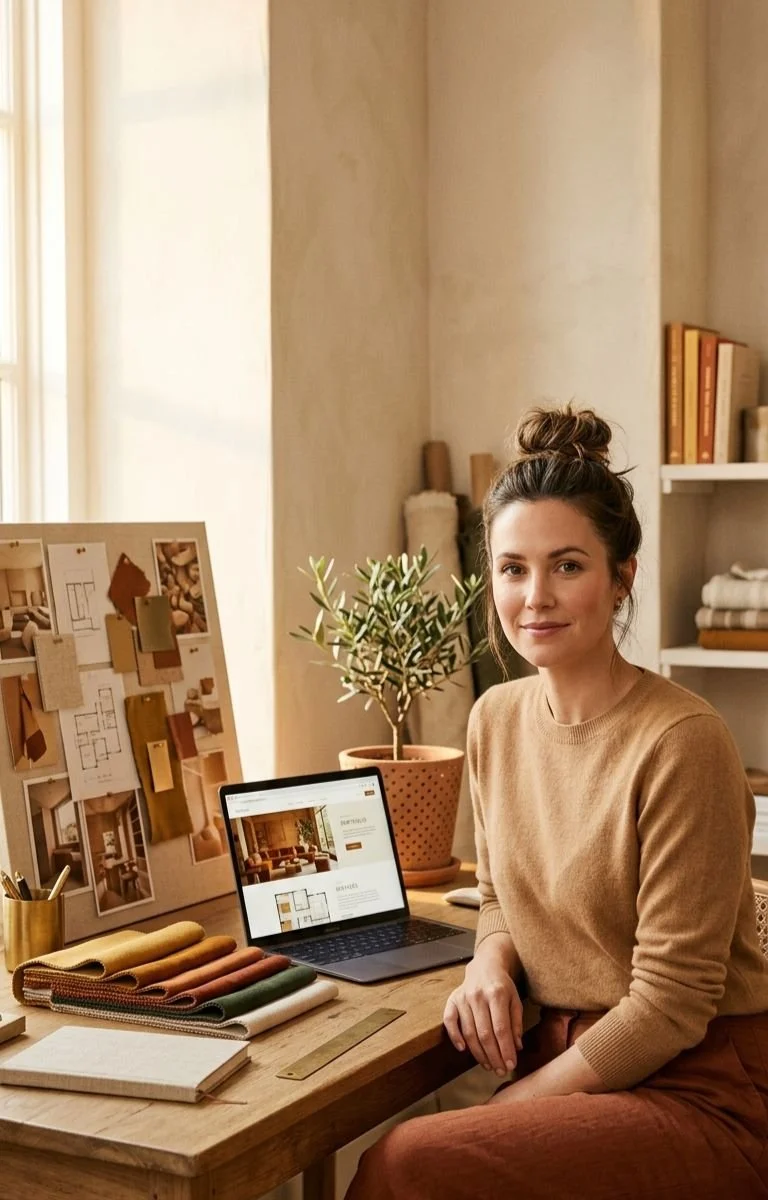 Smiling woman in her interior design studio after completing her Website Maintenance Service session