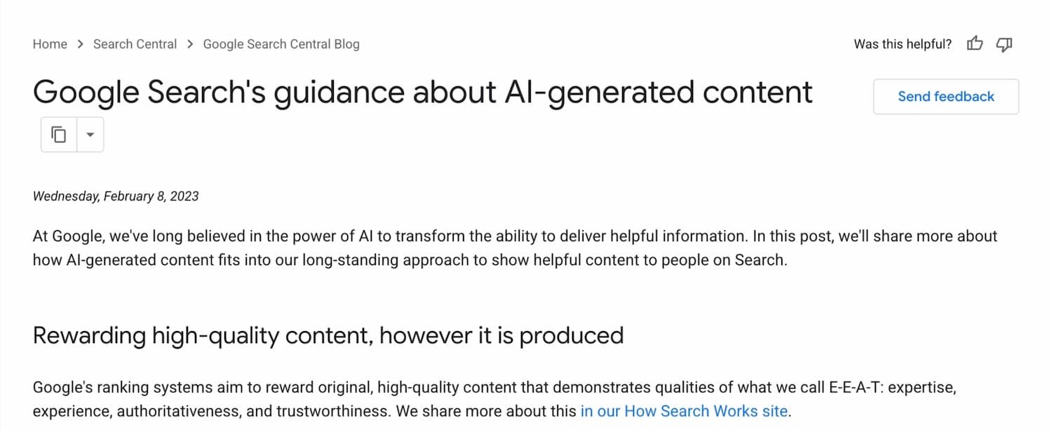 Screenshot of guidance from Google on AI generated content