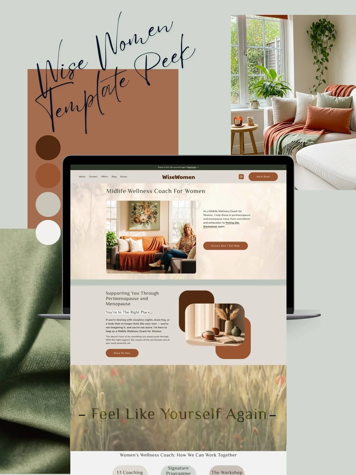 Mood board for 3-day Squarespace website build service featuring a colour palette, MacBook mockup, and images.