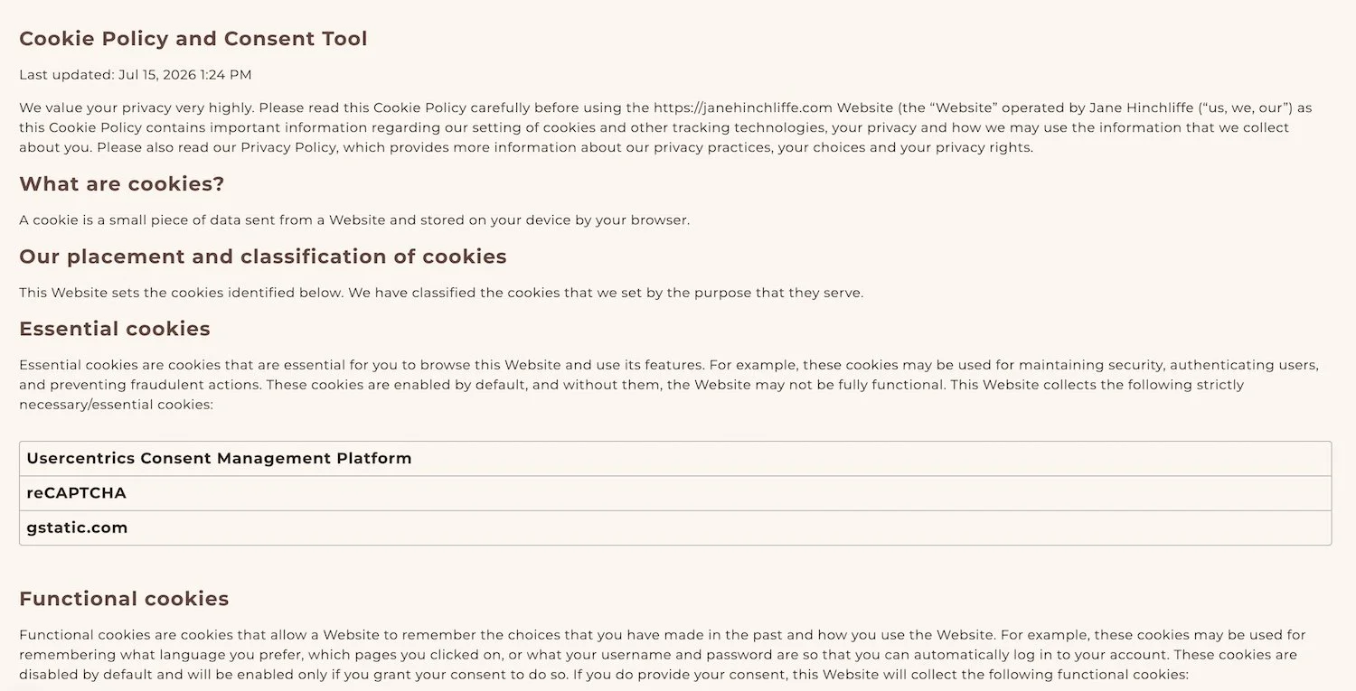 Squarespace privacy policy blog post with an example of my cookie policy and consent tool.