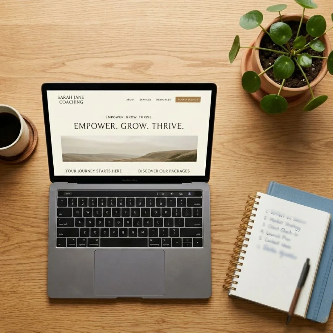 Flat lay MacBook with a coaching website, representing working on a site for a client's Squarespace Help session