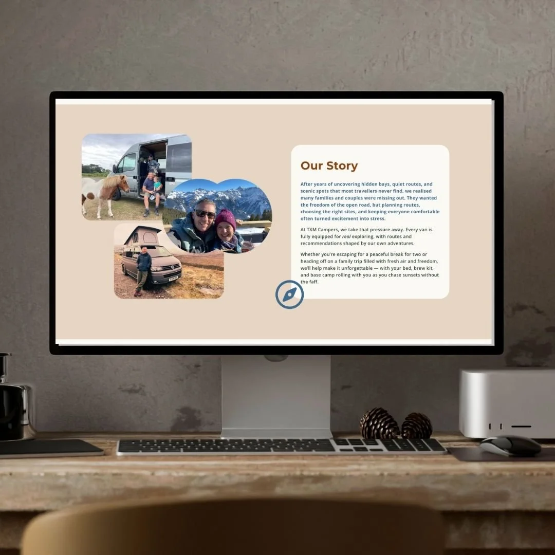 Desktop mockup of the about section of a Custom Squarespace Booking Website for a Campervan Business
