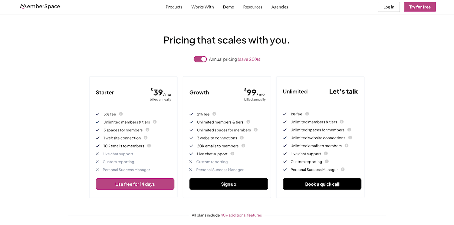 MemberSpace pricing screenshot