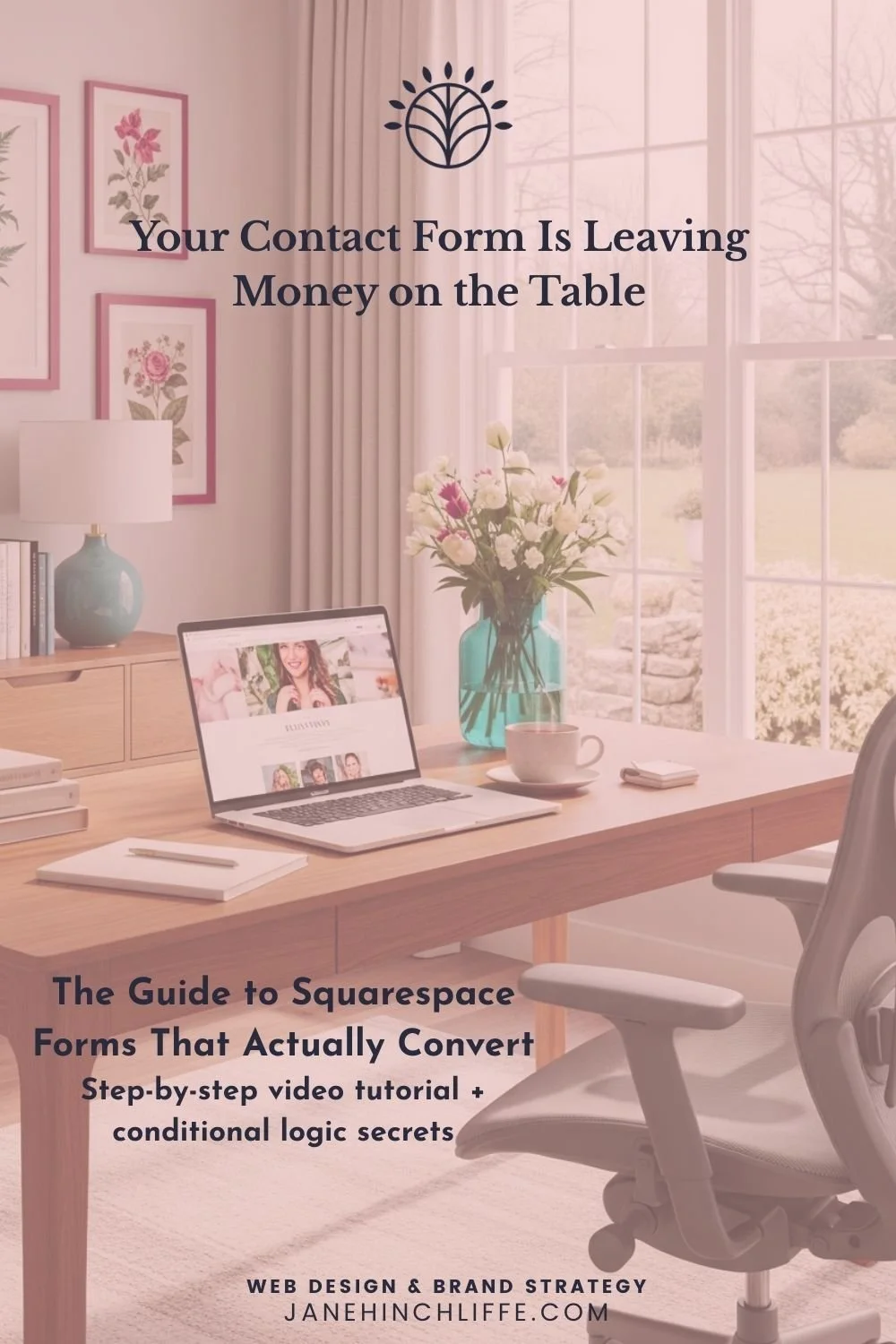 Desk and laptop by a garden window representing a complete guide blog post for Squarespace forms by Jane Hinchliffe, Web Designer