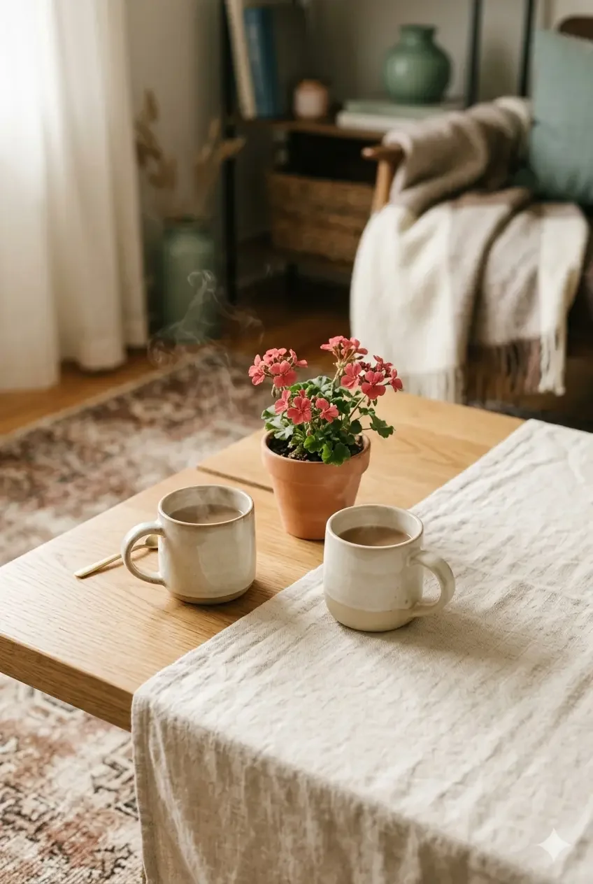 Two mugs on a table in a relaxed and calm space ready for working with a professional web designer