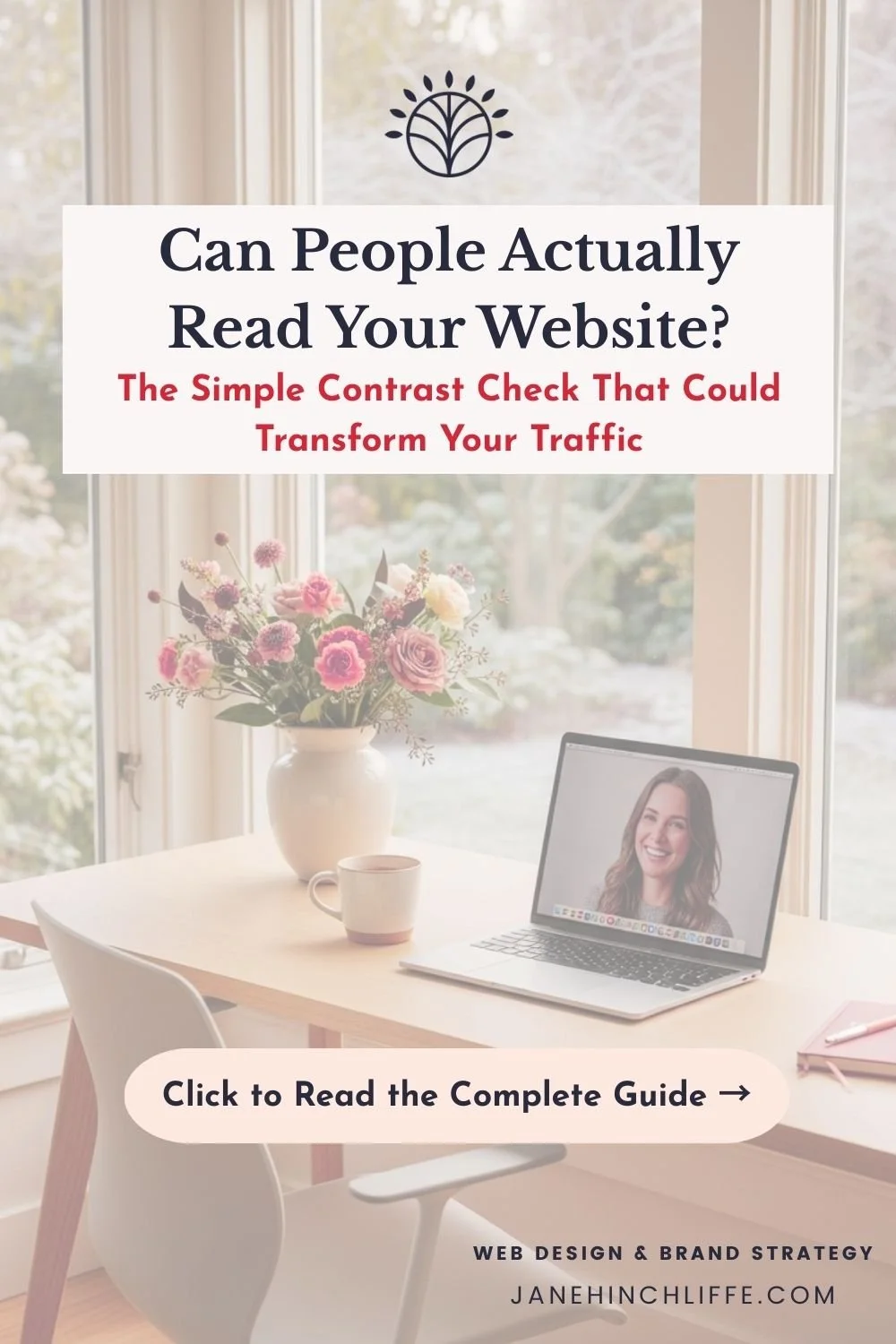 Web colour contrast focus with a desk and home office scene with laptop open, woman smiling - by Jane Hinchliffe Squarespace Web Designer