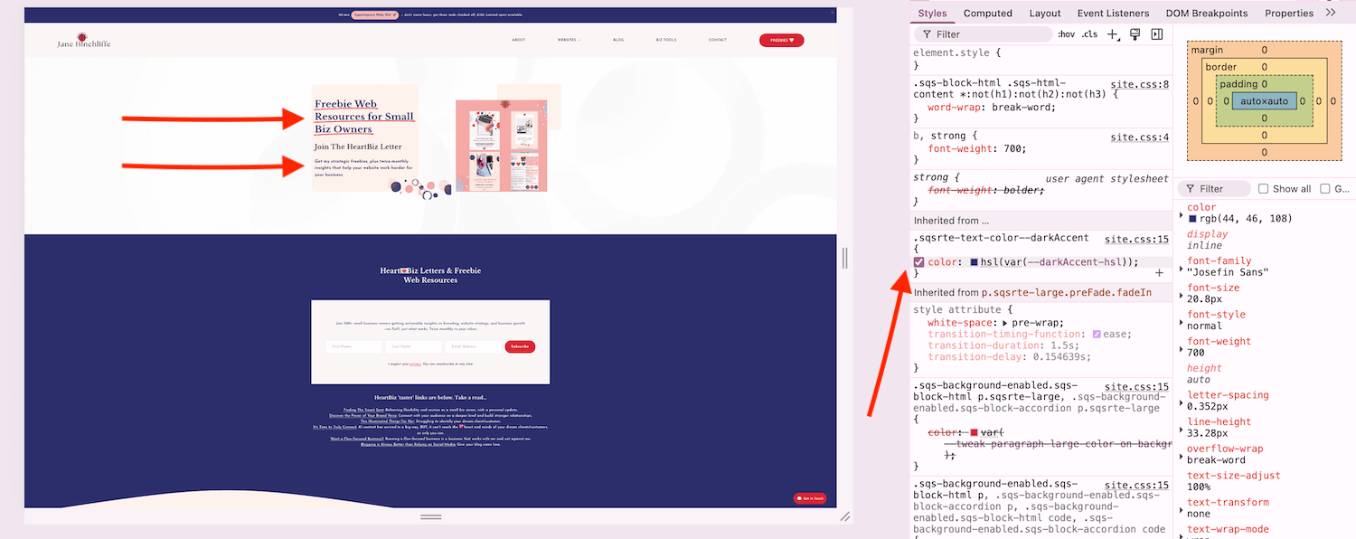 Screenshot of Chrome DevTools in action for web colour contrast