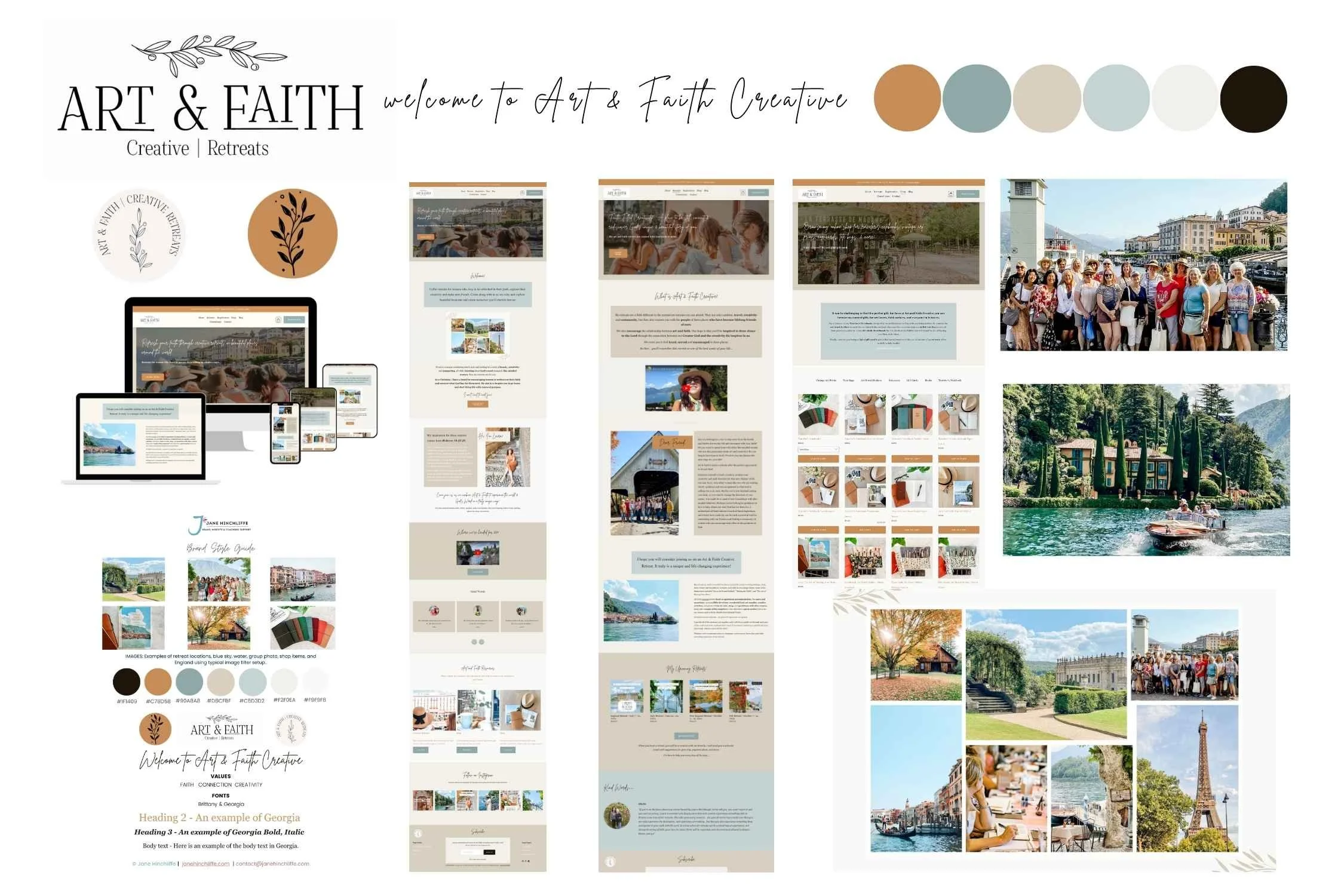 Retreat website design mock up of a brand styling guide and brand board by Jane Hinchliffe