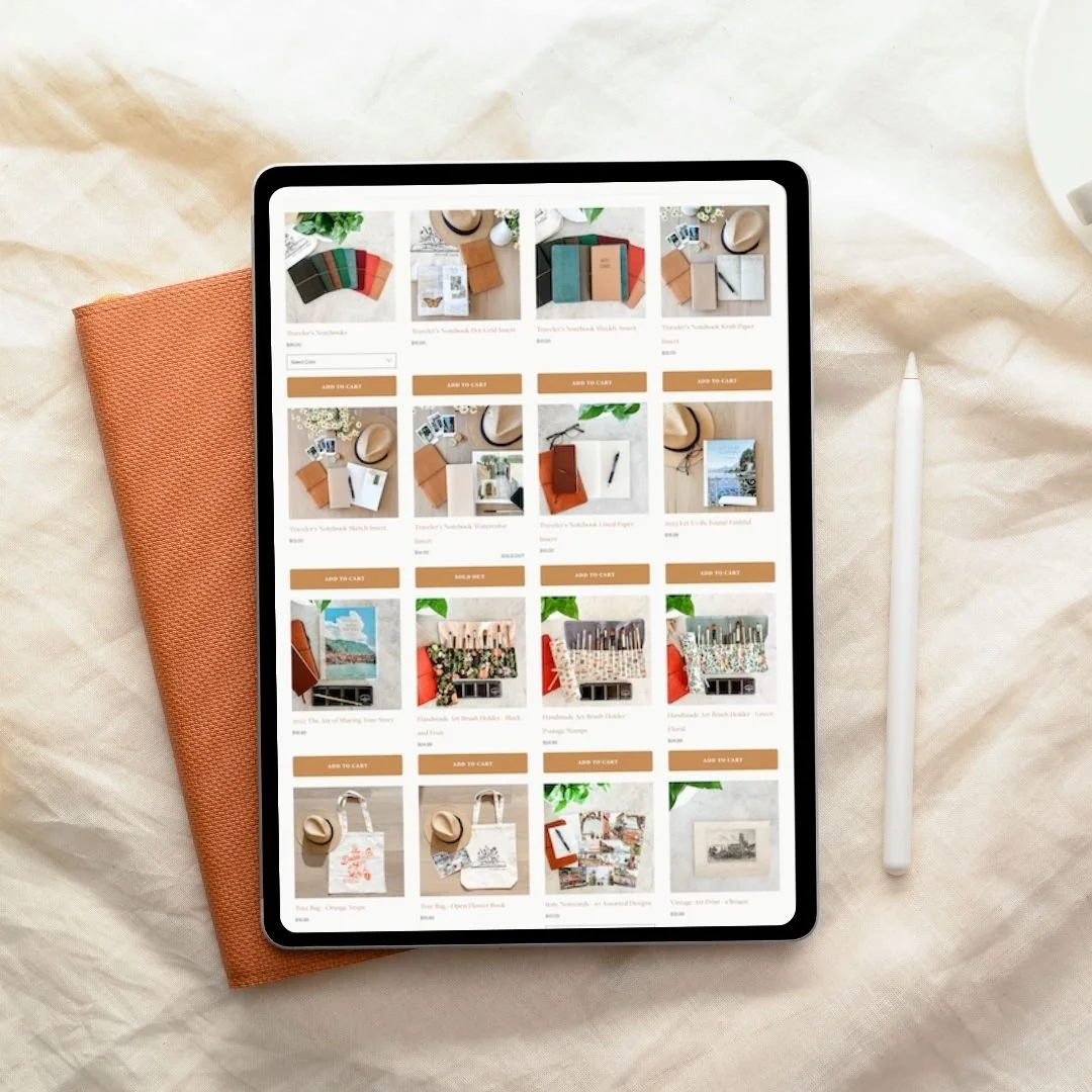 Retreat website design showcased on an iPad showing ecommerce items from a shop