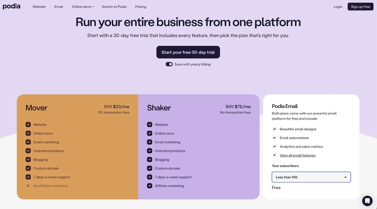 Podia screenshot for pricing