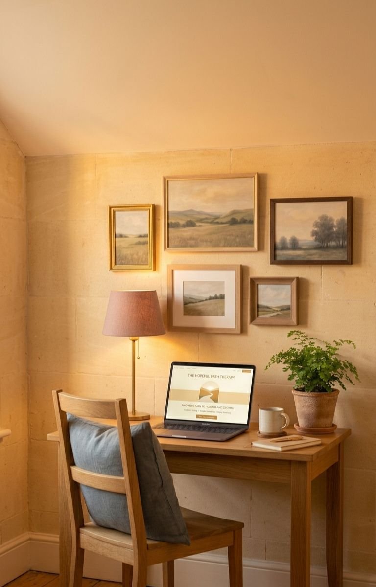 Home office desk with open laptop, desk chair, and paintings on a wall representing working with a professional for Web Design Harrogate designer UK.