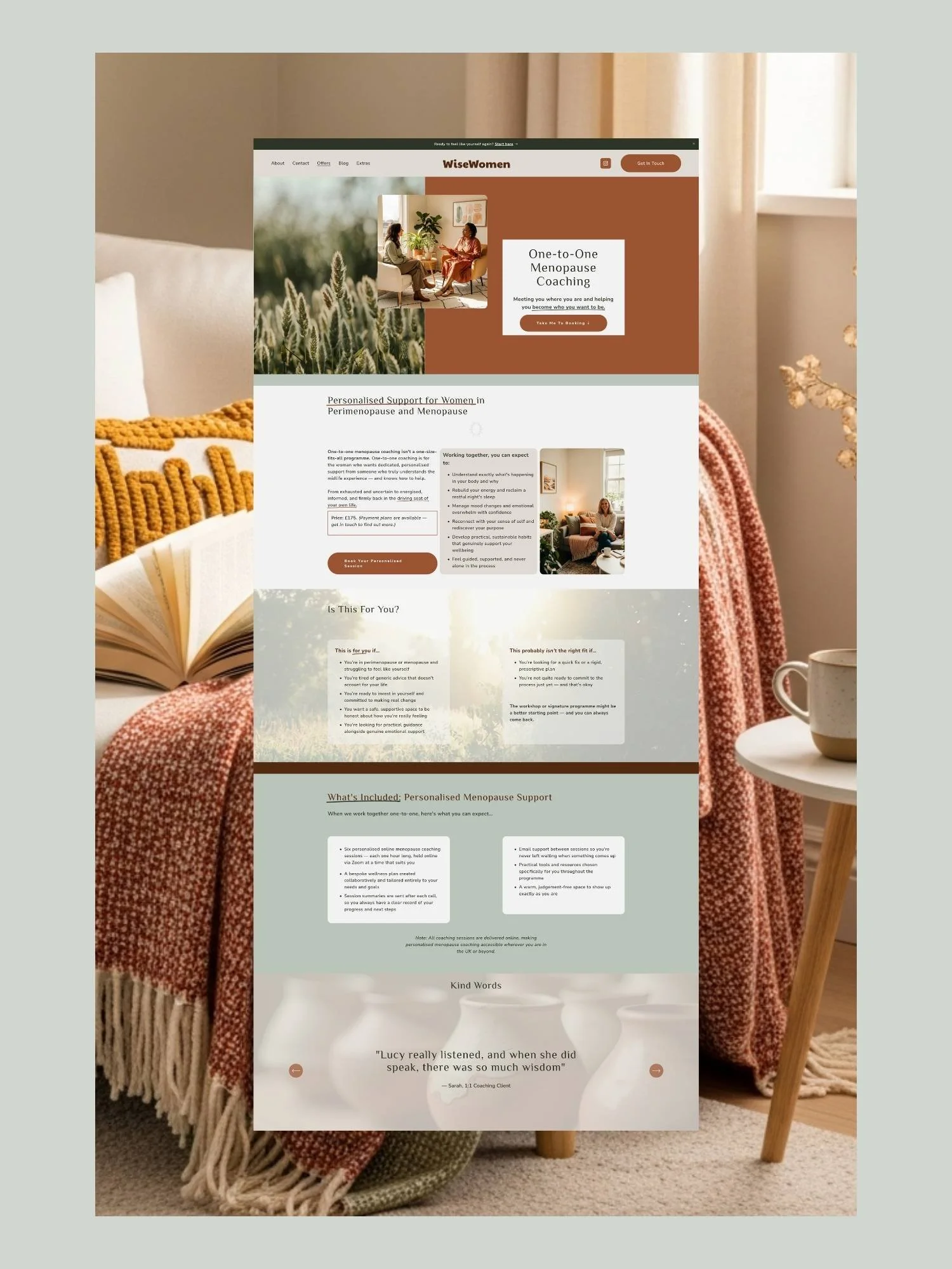 Web design Harrogate with mockup of the WiseWomen template website page with a comfy armchair behind with a book and throw