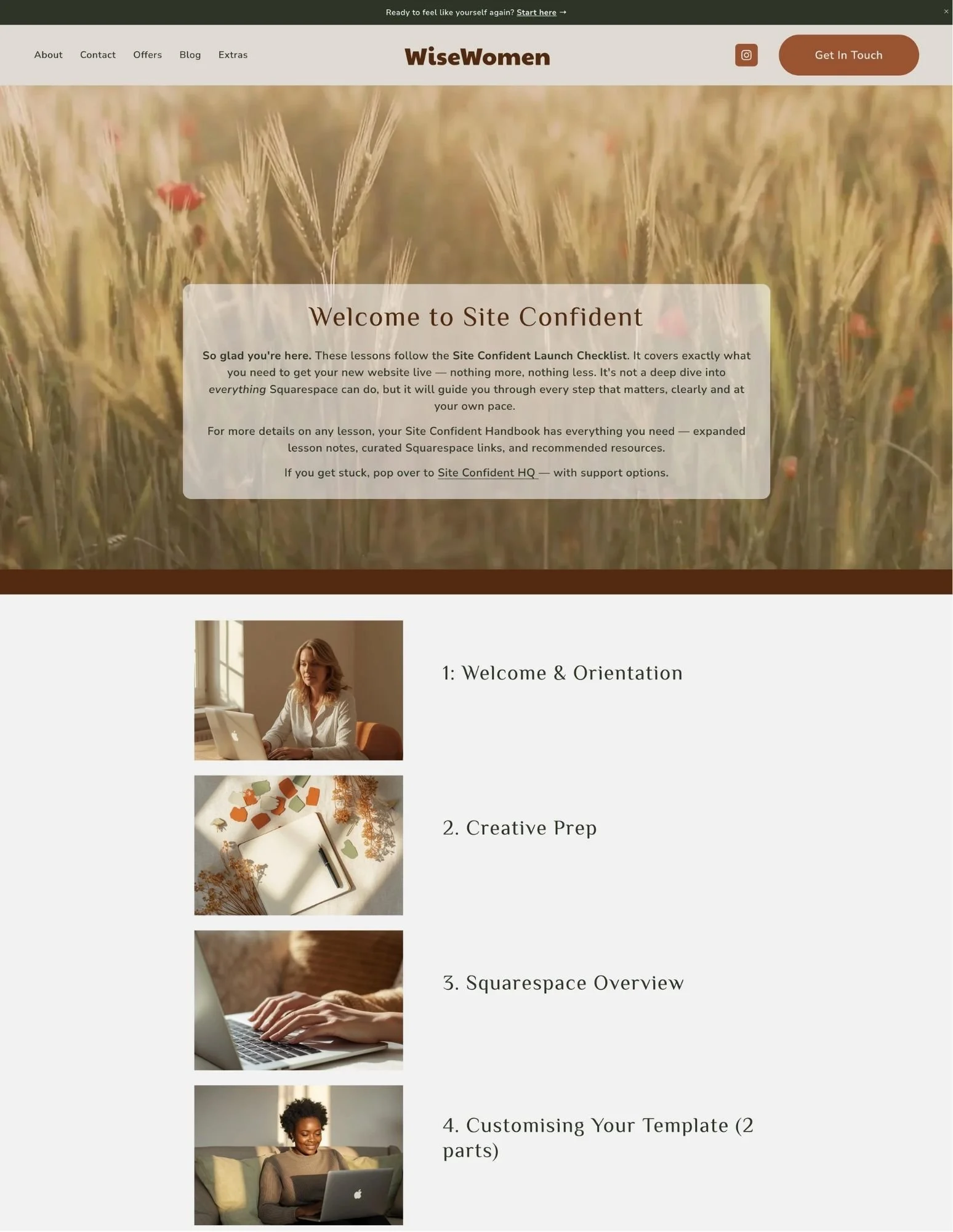 Screenshot peek of the Site Confident Course that comes with WiseWomen an affordable website for coaches using my Squarespace 7.1 template