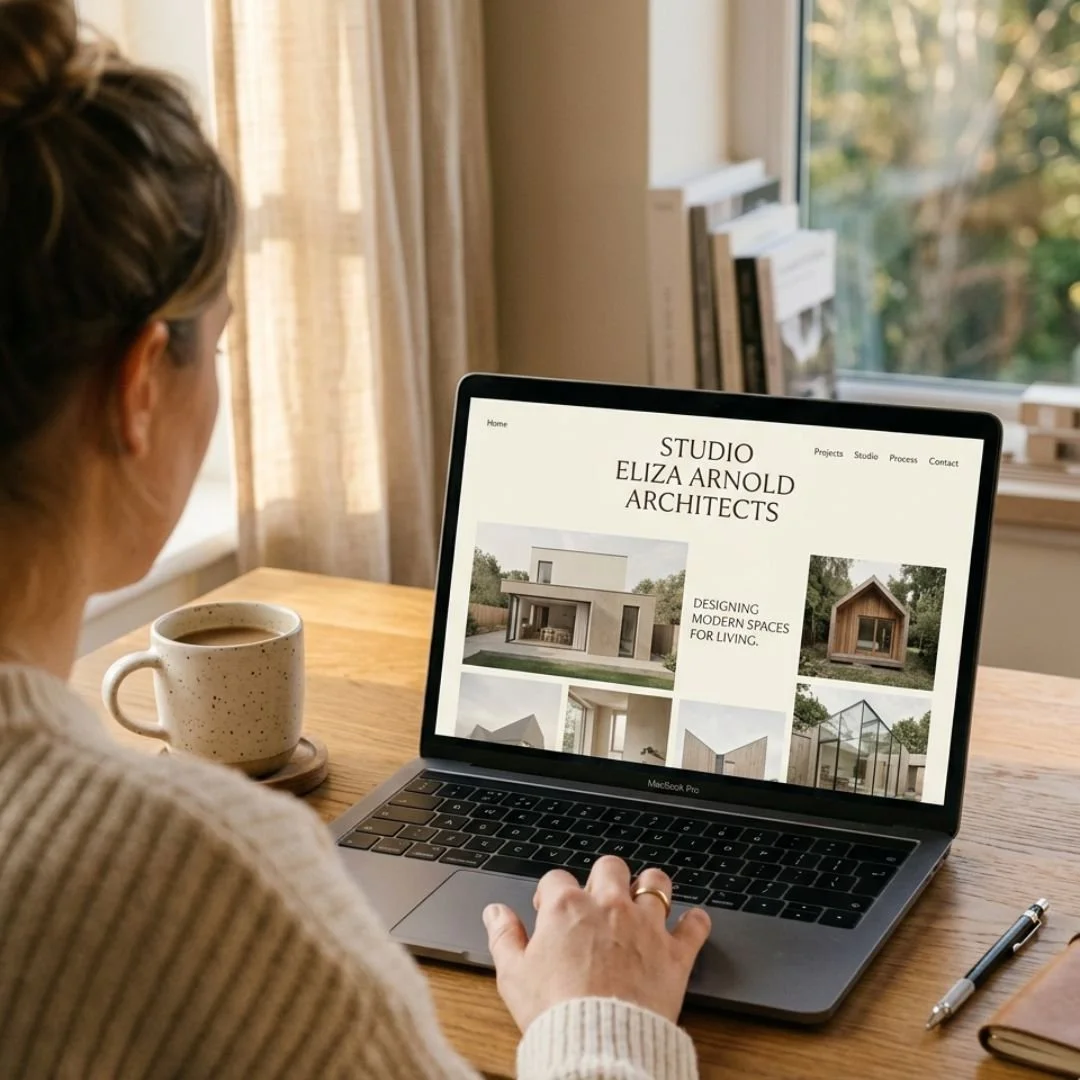 Over the shoulder view of an improved architect site after a Squarespace Help session